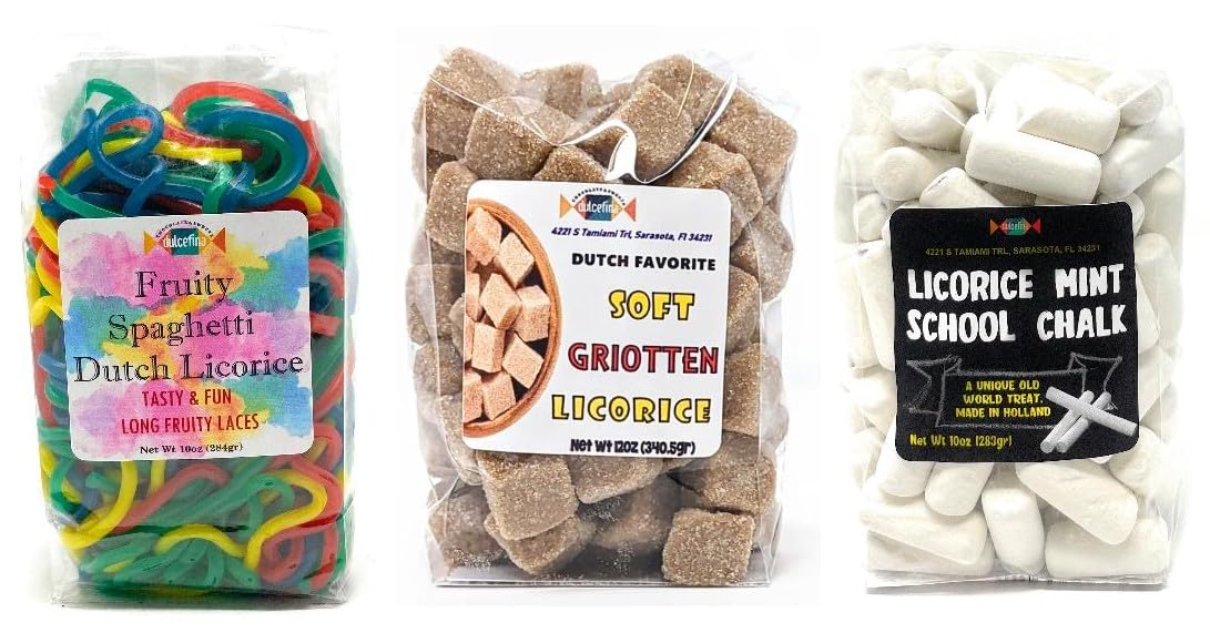Dutch Licorice Favoritves Collection - Total wt. 32(Oz), Include: Fruity Spaghetti, Griotten Cubes, Chalk Licorice bites.