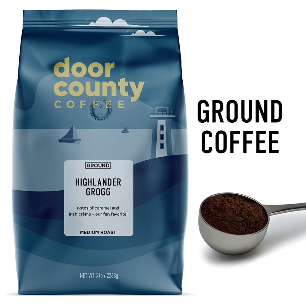 Door County Coffee Highlander Grogg Flavored Coffee Ground - 5 lb Bag - Flavored Ground Coffee Medium Roast - 100% Specialty Arabica - Gourmet - Irish