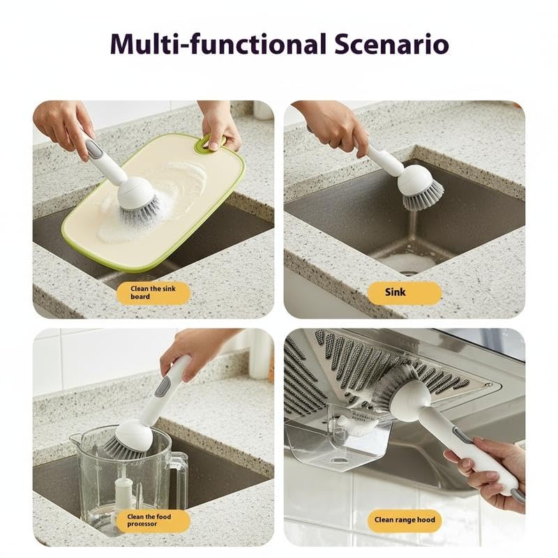 6-in-1 Dish Brush with Detergent Dispenser 360° Rotating Scrubber for Pots Pans Dishes & Utensils Adjustable Angles Non-Slip Grip Handle Durable PET