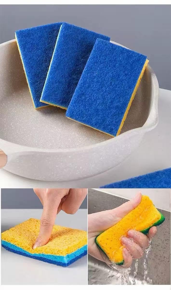 BORAHD'S Cellulose Scrub Sponges, Multi-Color Pack, Non-Scratch Kitchen Cleaning Sponges, 6 Count, Yellow and Blue, for Dishes, Counters and Cookware