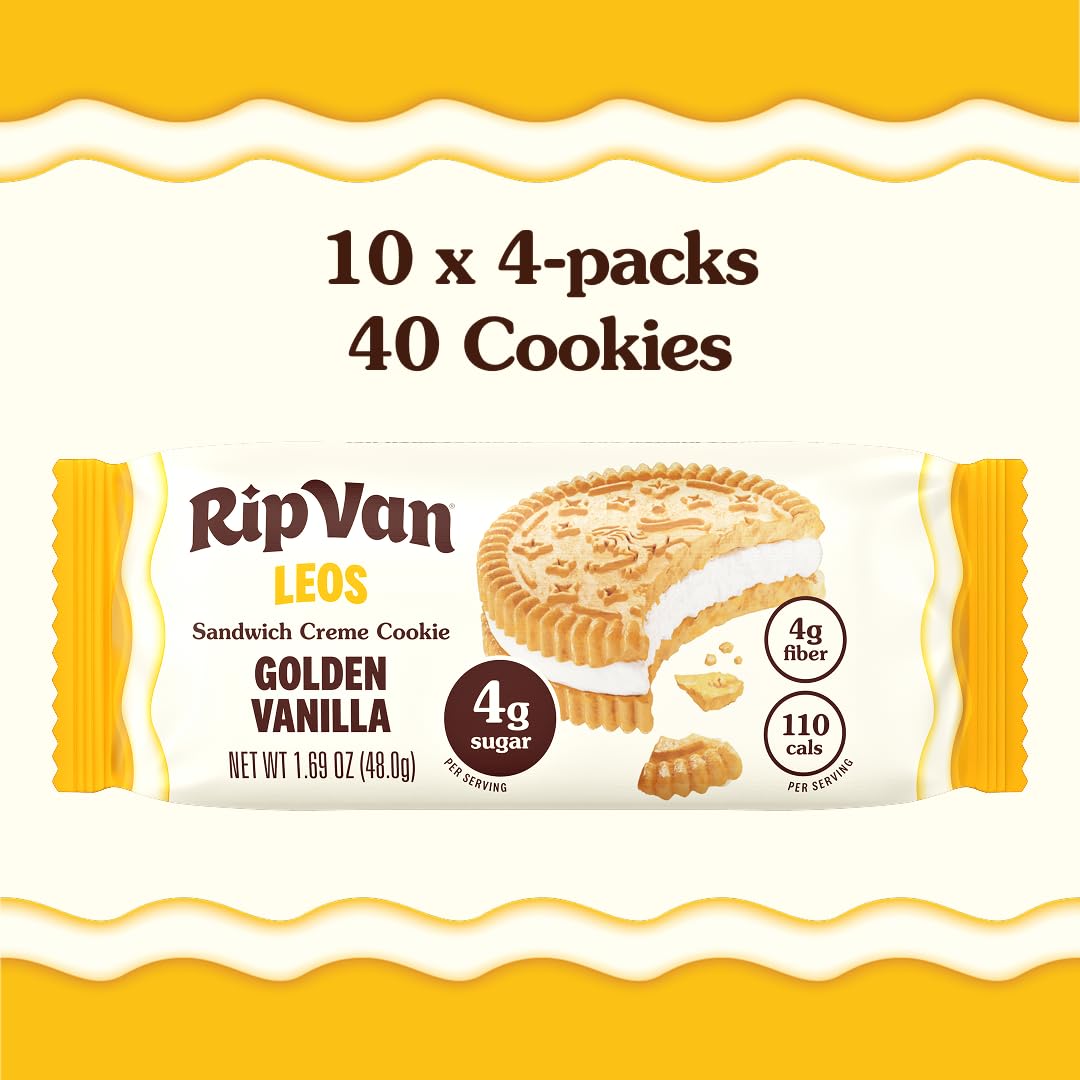 Rip Van LEOs - Golden Vanilla Sandwich Cookies - Low Sugar Snack Cookies - Low Carb Snack - Diabetic Snacks - 40 Low Sugar Cookies (10 Packs