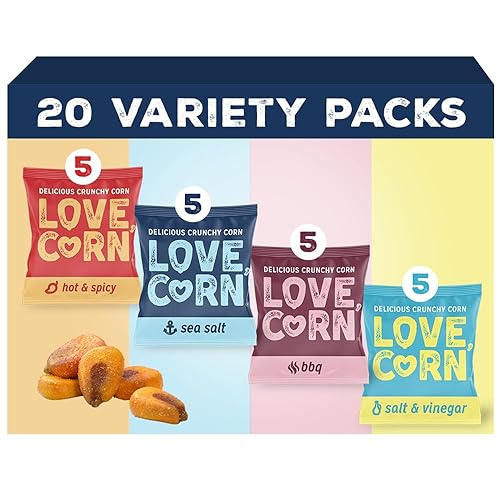 LOVE CORN Fab Four Variety Pack - Hot & Spicy, Sea Salt, BBQ, Salt & Vinegar - Crunchy Roasted Corn Snacks, Vegan, Gluten Free - Lunchbox, Office