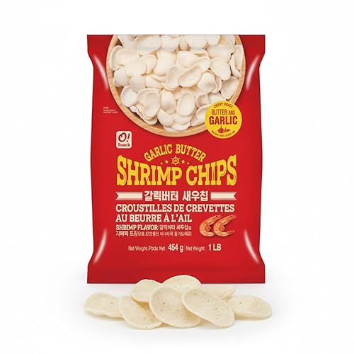 Korean Food O!Snack Garlic Butter Shrimp Chips, Crispy Shrimp Snack with Butter & Garlic Flavor, Extra Large 1 lb Bag, Family Size, Great for Sharing