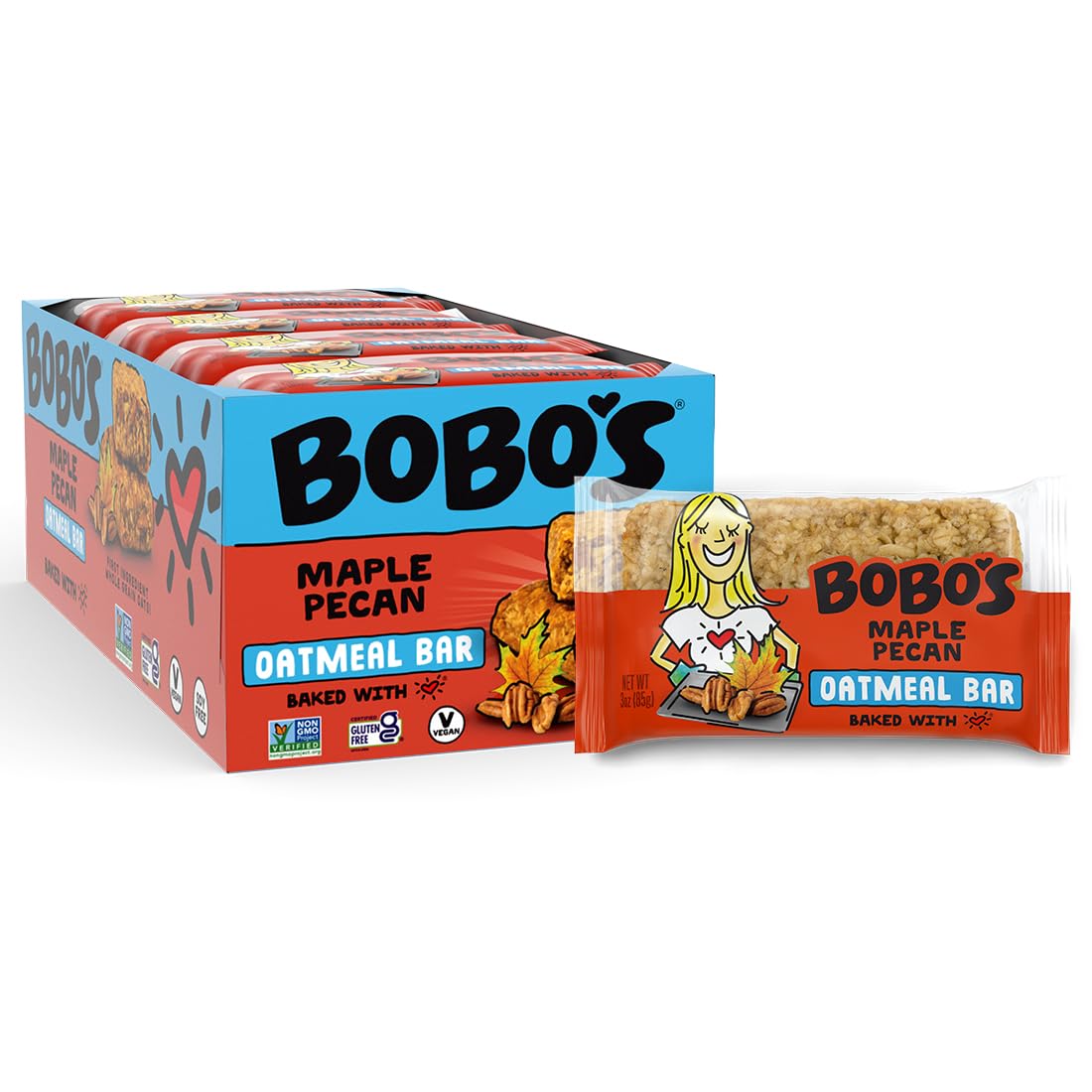 Bobo's Maple Pecan Oat Bars, Simple Ingredients, Whole Grain Oats, Plant Based, Gluten Free Breakfast Bars, Non-GMO, Healthy Snacks for Adults & Kids