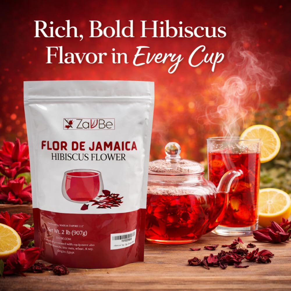 ZAVBE Dried Hibiscus Flowers for Tea - Whole Loose Leaf Hibiscus (Flor de Jamaica) - Cut and Sifted - Resealable Pouch - Caffeine Free Herbal Tea