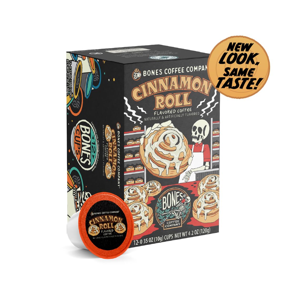 Bones Coffee Company Cinnamon Roll Flavored Coffee Pods, Low Acid Medium Roast Single-Serve Bones Cups, Compatible with 1.0 & 2.0 K-Cups Brewers
