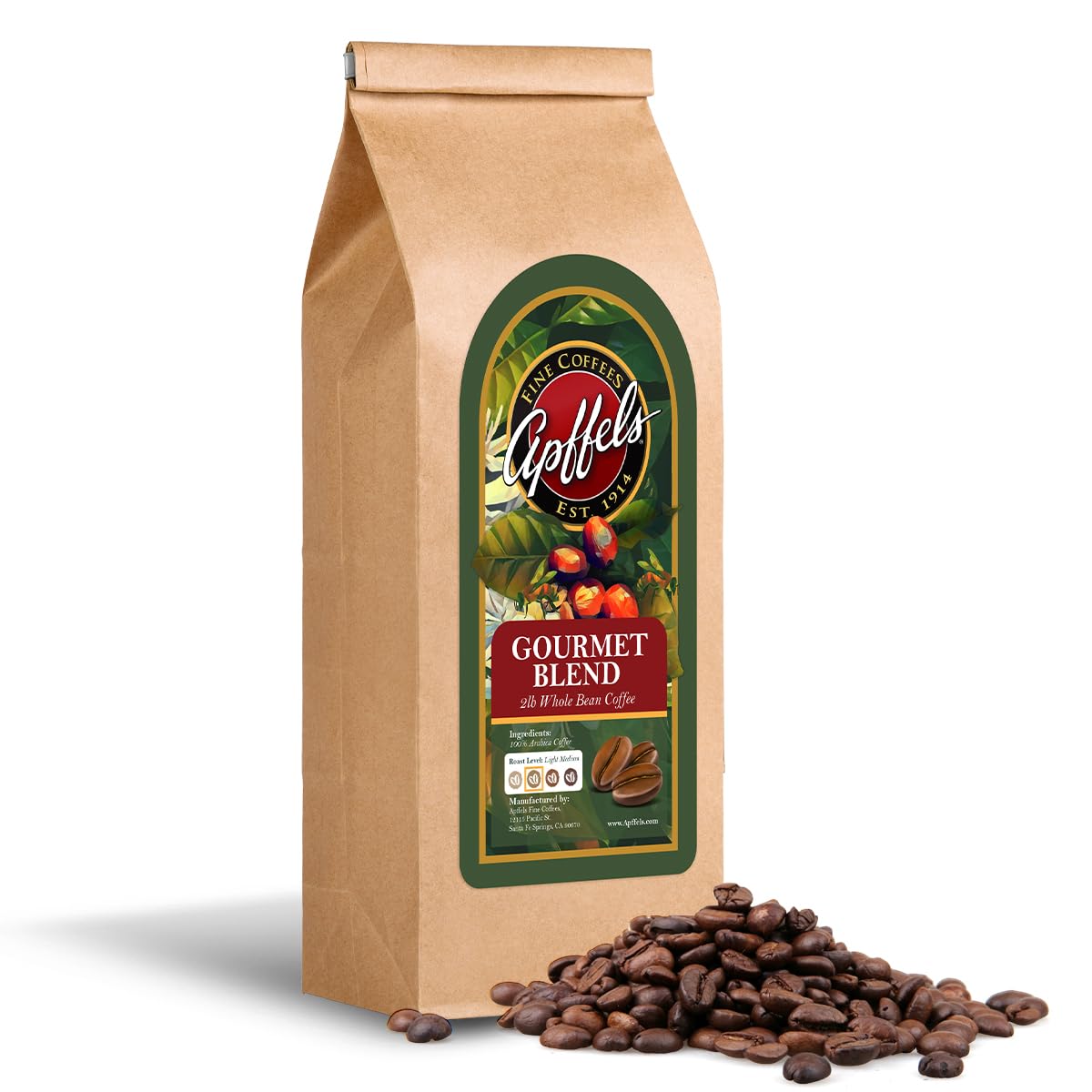 Apffels Original Gourmet Blend - Whole Bean, Light-Medium Roast, 100% Arabica Coffee, (2lb Bag)