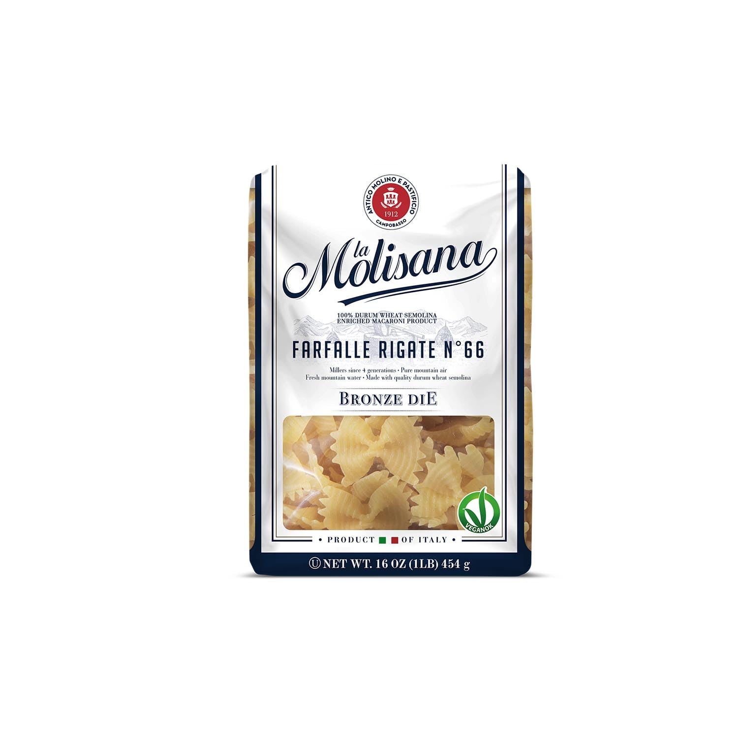 La Molisana Farfalle Pasta | Bronze Die N°66 Bowtie Pasta | 16 oz | Non-GMO, Premium Durum Wheat | Authentic Italian Quality (Pack of 1)