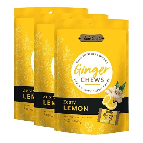 Bali's Best Ginger Chews, Zesty Lemon Flavor, 5.08 Oz (Pack of 3), Individually Wrapped Soft Candy, Made with 100% Real Ginger, Digestive Health