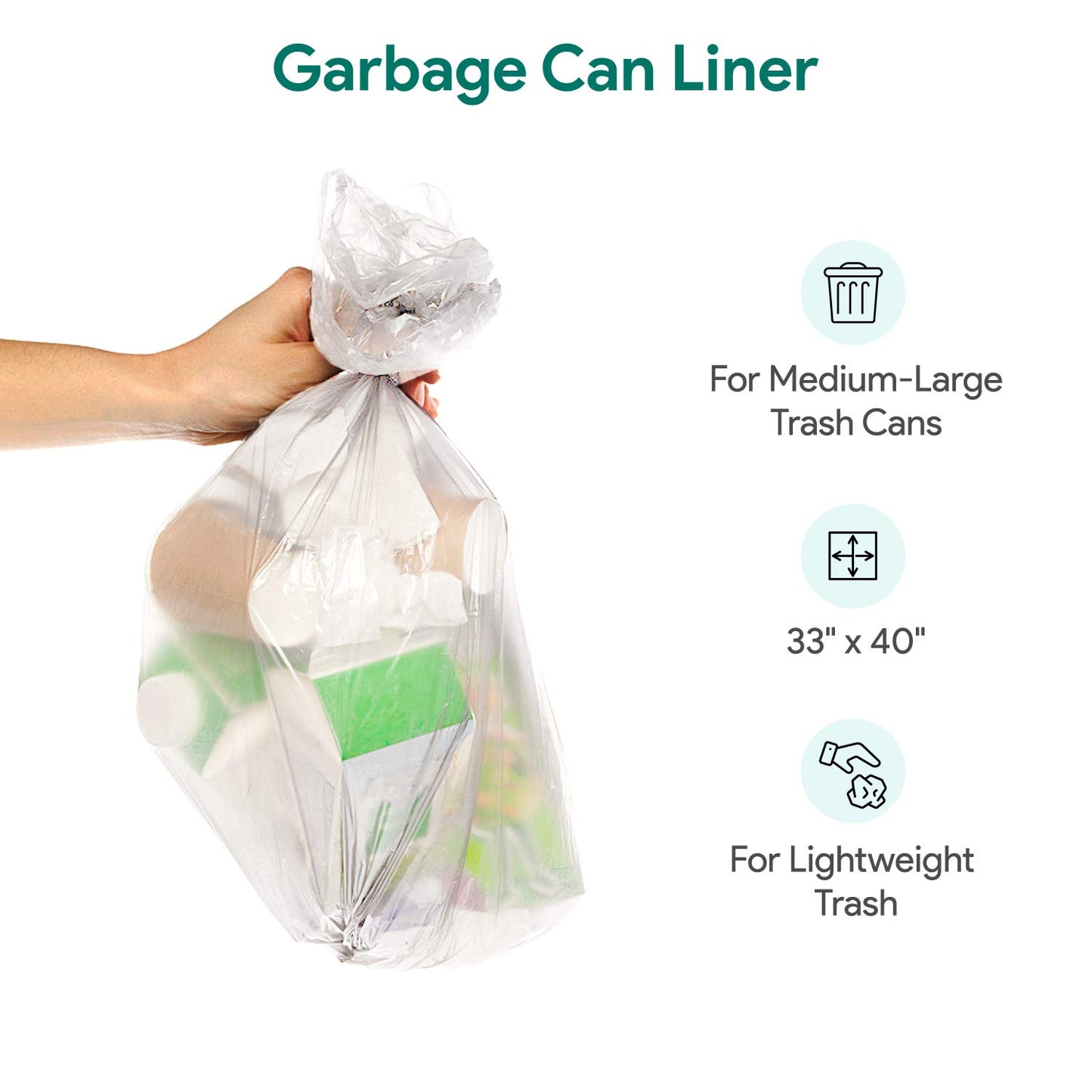 33 Gallon Clear Garbage Can Liners, 250 Count - 30-40 Gallon Large Trash Can Liners - High Density, Thin, Lightweight, 10 Microns -For Office, Home