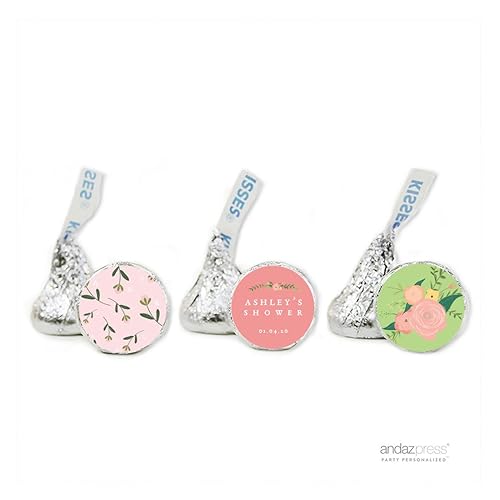 Andaz Press Floral Roses Girl Baby Shower Collection, Personalized Chocolate Drop Label Stickers Trio, Fits Kisses, 216-Pack, Custom Made Any Name