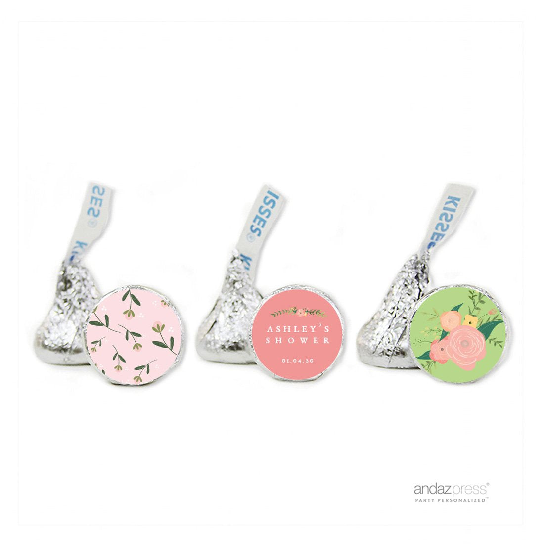 Andaz Press Floral Roses Girl Baby Shower Collection, Personalized Chocolate Drop Label Stickers Trio, Fits Kisses, 216-Pack, Custom Made Any Name