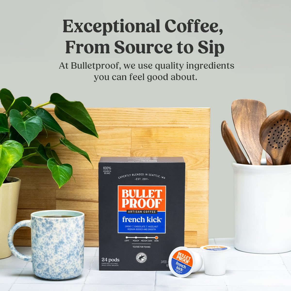 Bulletproof French Kick Dark Roast Single Serve Pods, 24 Count, 100% Arabica Coffee, Clean Coffee Tested for Toxins