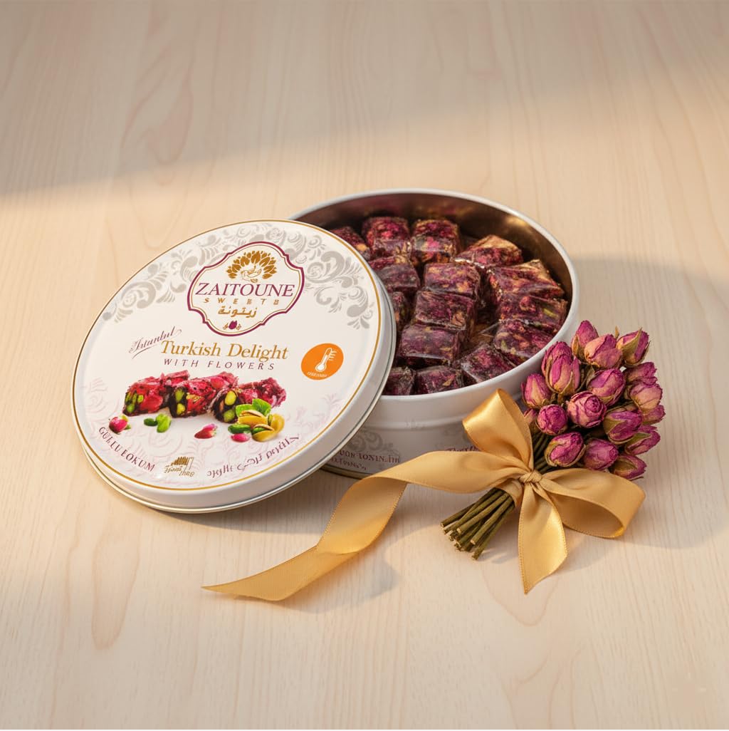Zaitoune Rose Covered Turkish Delight - 9 oz | Stuffed with Pistachios & Cashews | Coated with Dried Rose Petals | Authentic Luxury Lokum Sweets in