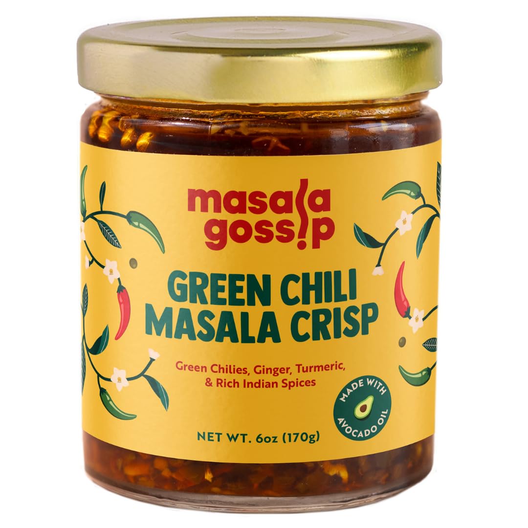 Masala Gossip Green Chili Crisp - Crunchy Chili Oil with Green Chillies, Garlic, Sichuan Flakes & Indian Spices - Spicy Savory Hot Sauce - Drizzle on