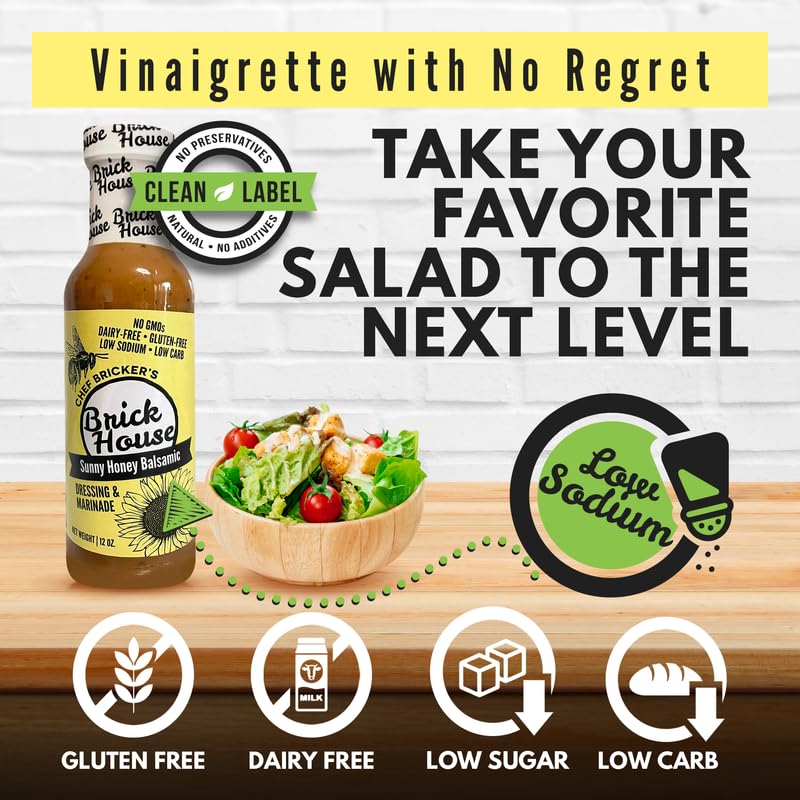 Brick House Sunny Honey Balsamic Vinaigrette Dressing & Marinade, 12oz - Low-Sodium, Low-Carb, Dairy-Free, Gluten-Free, Non-GMO, Balsamic Vinaigrette