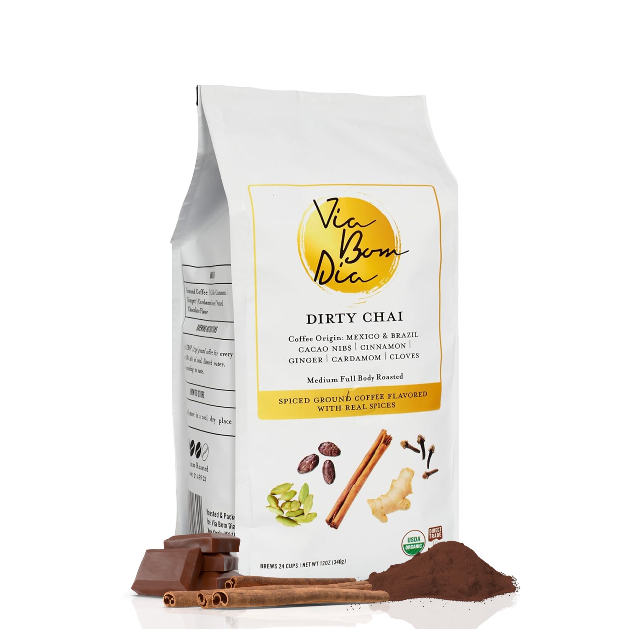 Via Bom Dia 100% Naturally Flavored Ground Coffee, Dirty Chai, Medium Roast, No Artificial Flavors, 12 oz. Bag