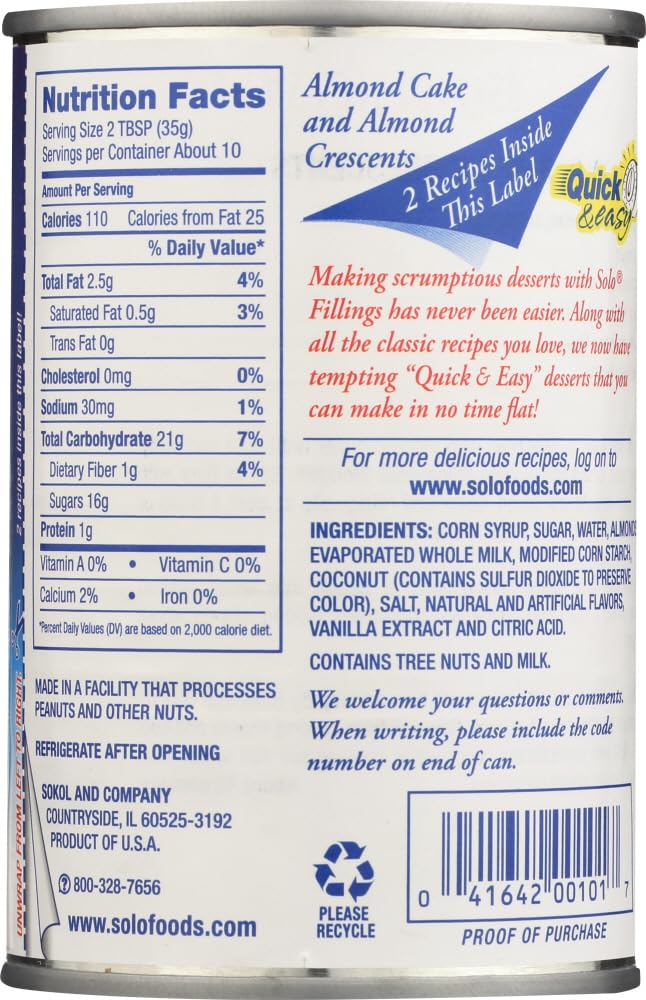 Solo Almond Cake and Pastry Filling 12.5oz, 2 Cans Pack of 2