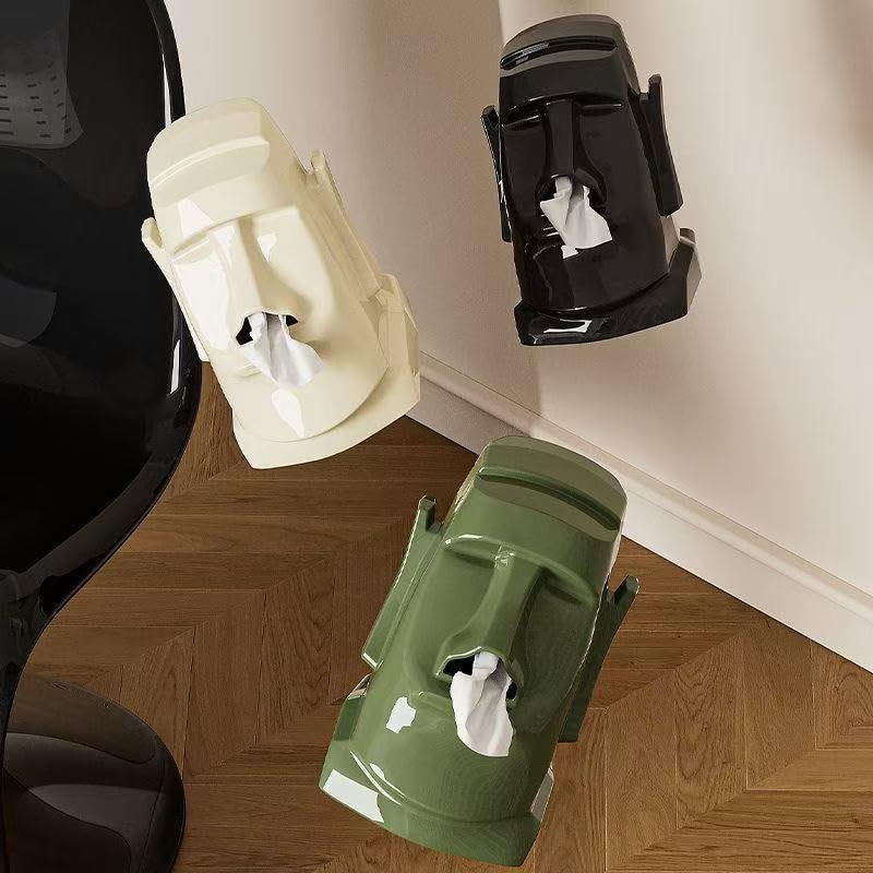 Creative Moai Tissue Box Holder with Headphone Holder, Suitable for Living Room, Bedroom and Other Desktop Storage Boxes, Green,Cream White, Black