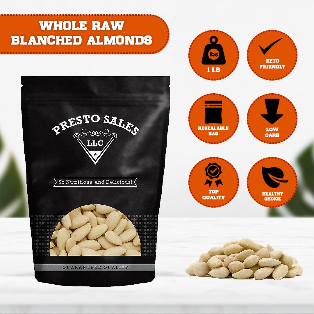 Presto Sales Whole Blanched Almonds Skinless Raw 16 oz. | Great for baking and decorations | Vegan, Non-GMO | Healthy, High Protein | Resealable 1 lb