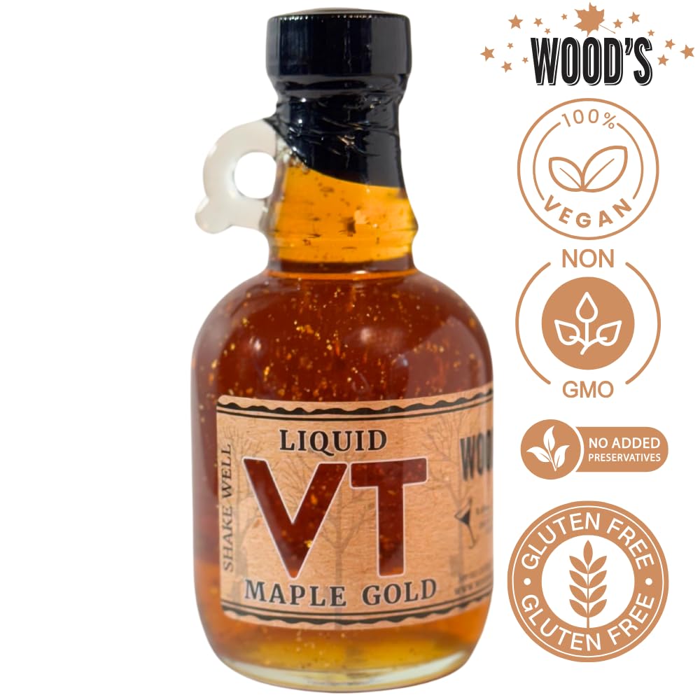 Wood’s Liquid Maple Gold - Vermont Maple Syrup with Real 24K Gold Flakes - Vegan, Plant-Based Sweetener - Small Batch, Artisanal, Luxury Syrup