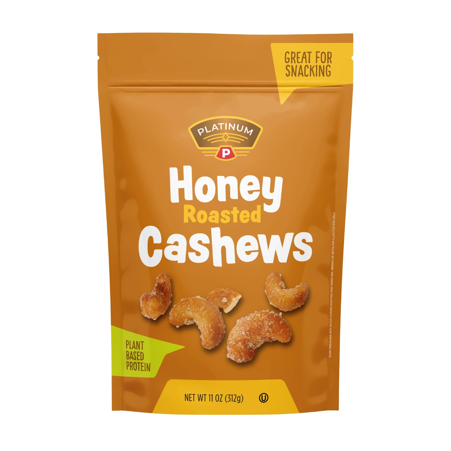 Platinum - Honey Roasted Cashews 11 oz Resealable Pouch | Flavored Cashew Nuts | Sweet Roasted & Tasty Gourmet Nut | Snack on the Go, Work, School |