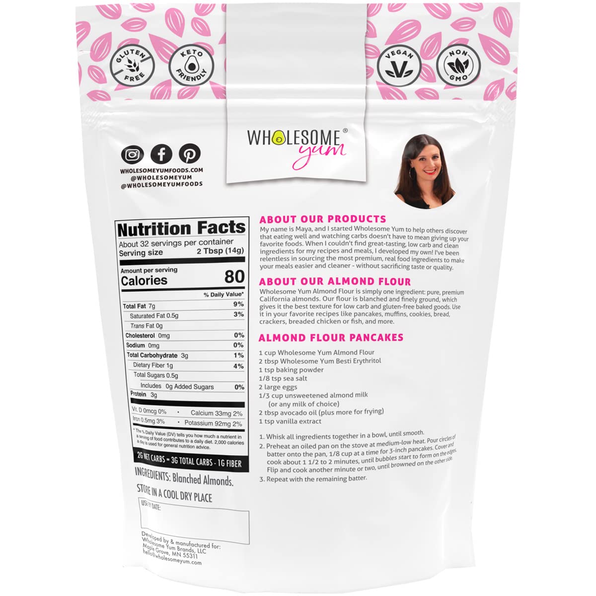 Wholesome Yum Premium Fine Blanched Almond Flour For Baking & More (16 oz / 1 lb) - Low Carb, Gluten Free, Non GMO, Keto Friendly Flour Substitute