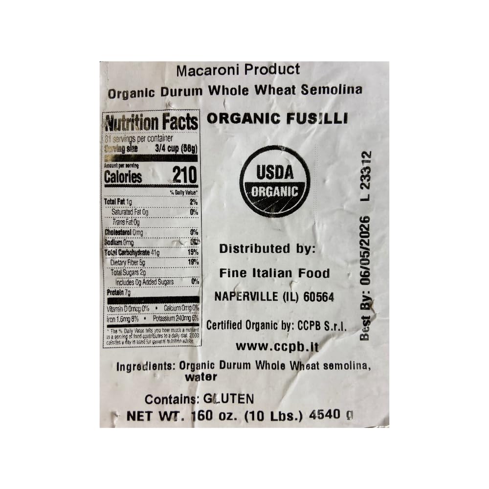 Mantova Organic Durum Whole Wheat Fusilli Pasta, 160 oz. (10 lbs.) (Pack of 1), Product of Italy, Traditional, Bronze-Die, Slow-Dried Rotini Pasta