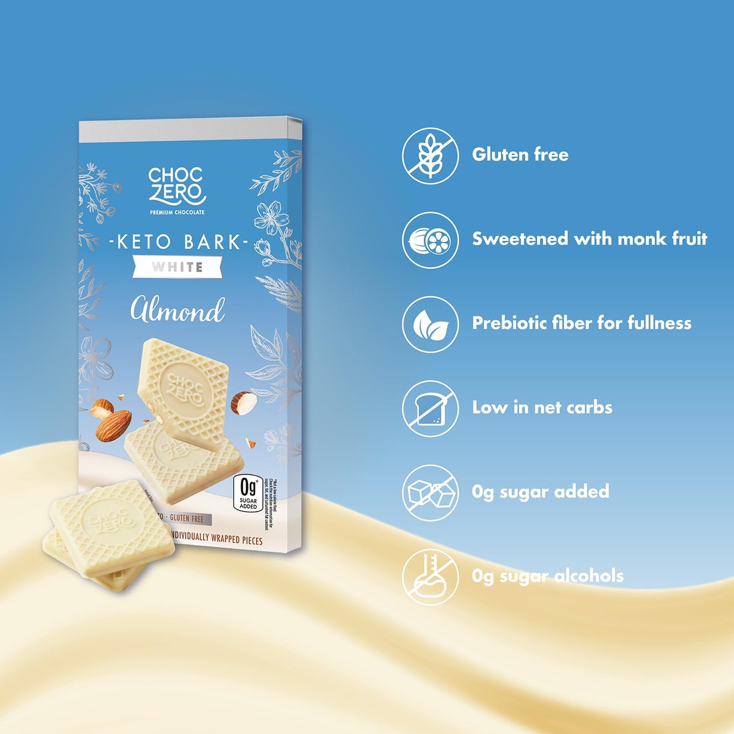 ChocZero Keto Bark, White Chocolate Almond, No Added Sugar, High Fiber, Low Carb, No Sugar Alcohols, No Artificial Sweeteners, 3.2 Ounce (Pack of 4)