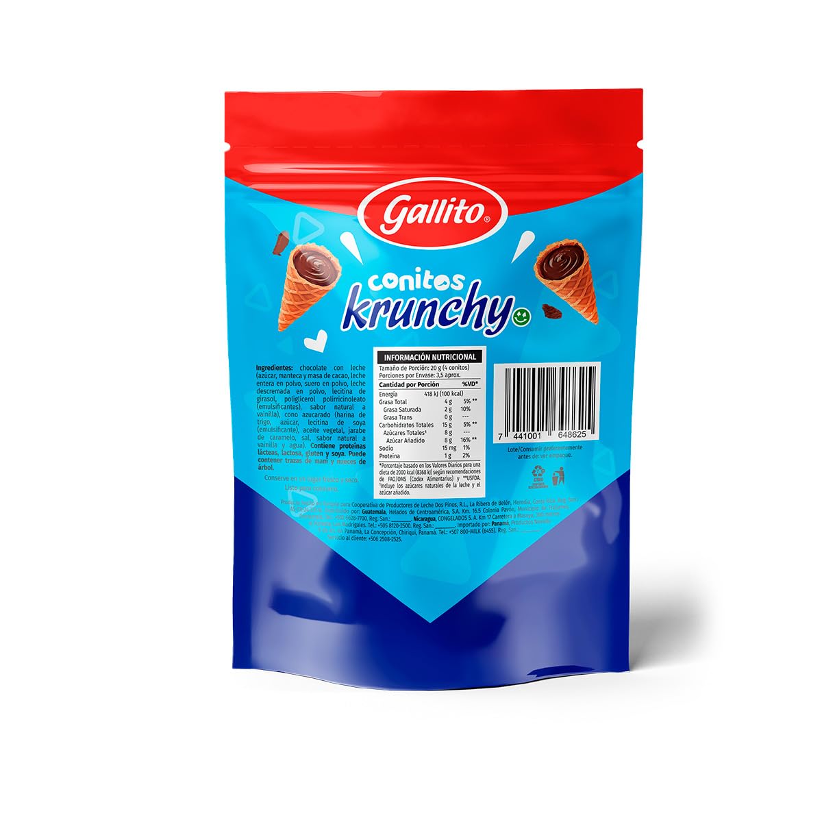 Gallito Conitos Krunchy - Costa Rican Chocolate-Filled Cookie Cones - Authentic Costa Rica Snack Treats - 3 Pack (70g Each / 7.4 oz Total) - Crispy