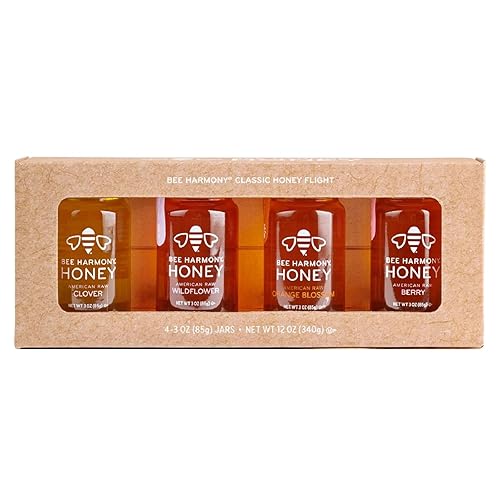 Bee Harmony Classic Honey Flight, Mini Honey Gift Set, 4 Jars, 3 OZ Each, Premium, Raw, Made in the USA