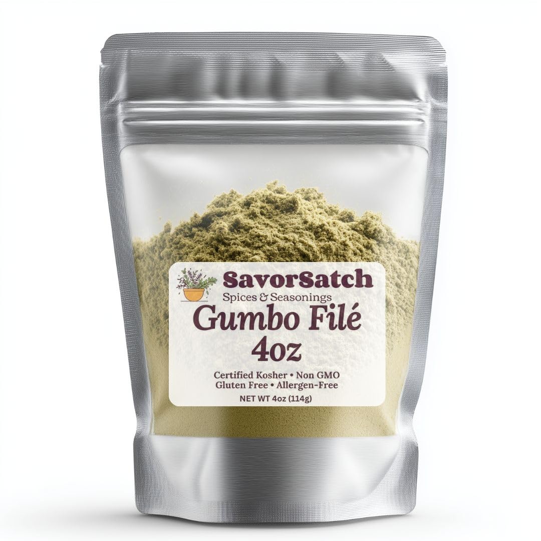 SavorSatch Gumbo Filé Seasoning Powder - Sassafras, Thyme & Oregano Blend | 4 oz Certified Kosher, Non-GMO | Resealable Stand-Up Pouch for Cajun