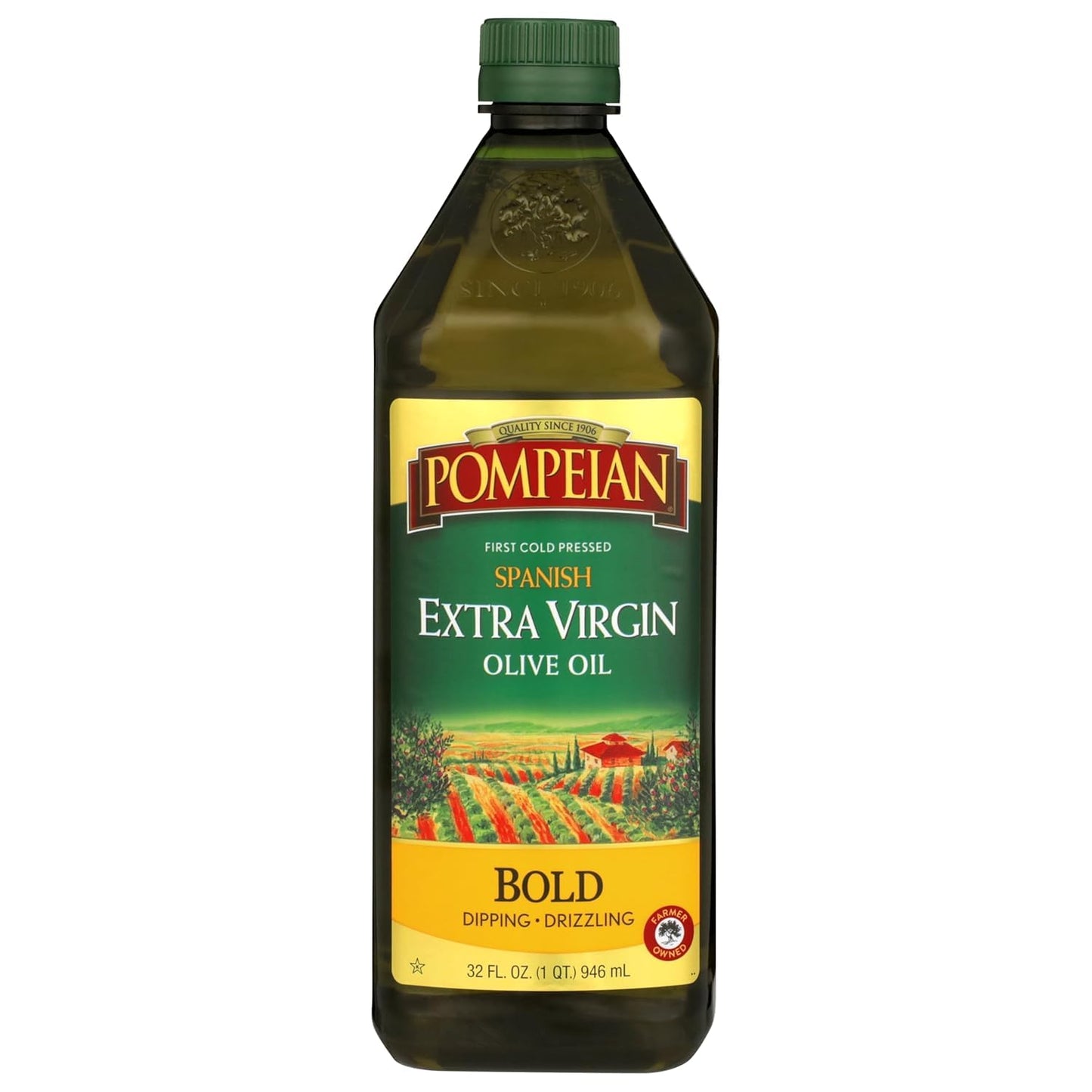 Pompeian Bold Spanish Extra Virgin Olive Oil - 32 fl oz - First Cold Pressed Olive Oil for Cooking - Single Origin - Bold Taste for Dipping and Drizzling