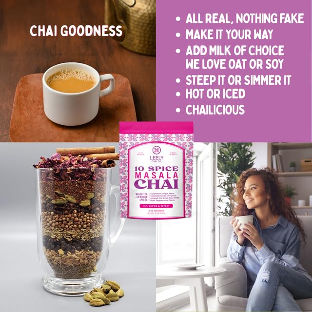 Leely Chai Masala Chai Loose Leaf. Organic Assam Black Tea with whole spices, Small Batch, Authentic Brew or Steep - 8 OZ, 40 Cups
