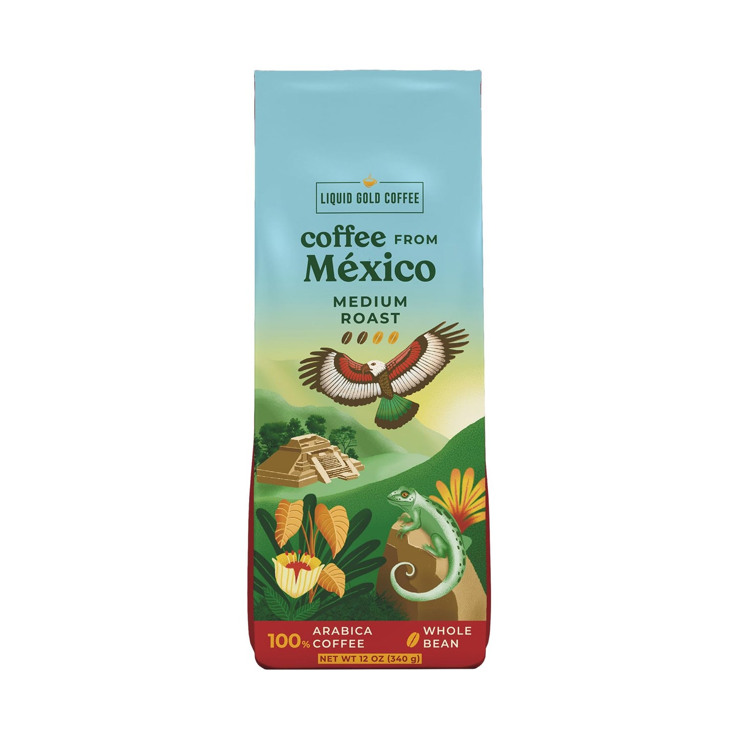 Coffee from Mexico, Medium Roast Whole Beans, by Liquid Gold Coffee, 1 Bag (12 OZ) (340 Grams), Single Origin Specialty Coffee, 100% Arabica , Local