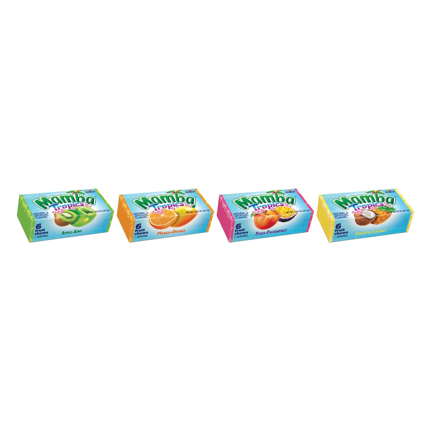 Mamba Tropics Fruit Chews Candy - Individually Wrapped Chews for Halloween, Parties & Snacks, Variety Pack with Peach Passionfruit, Apple Kiwi