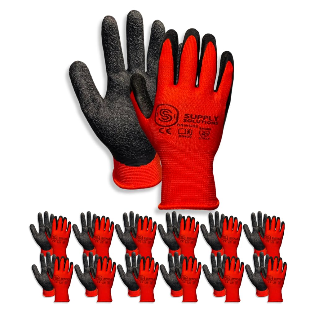 Supply Solutions 13 Gauge Polyester Shell with Latex Crinkle Palm Dipped Safety Work Gloves for Landscaping, Warehouse, Construction, Gardening