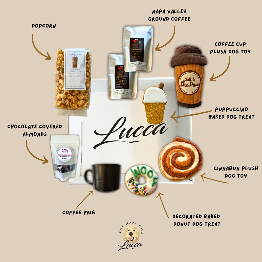 Gift Basket For Dog and Dog Owners, Coffee Lovers, Gourmet Coffee, Nuts, Popcorn, and Dog Treats and Toys, Holiday Gift, Lucca the Napa Dog