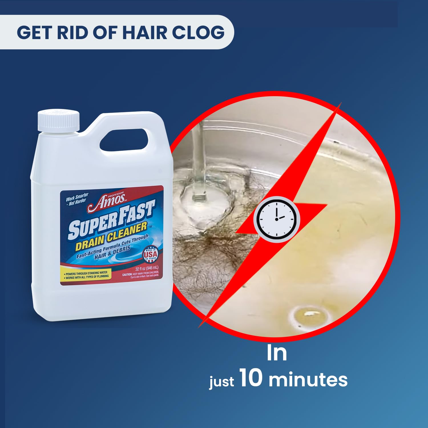 Professor Amos' Superfast Drain Cleaner Dissolve Hair, Grease, Food & Build Up Fast, 4-6 Applications Per Bottle