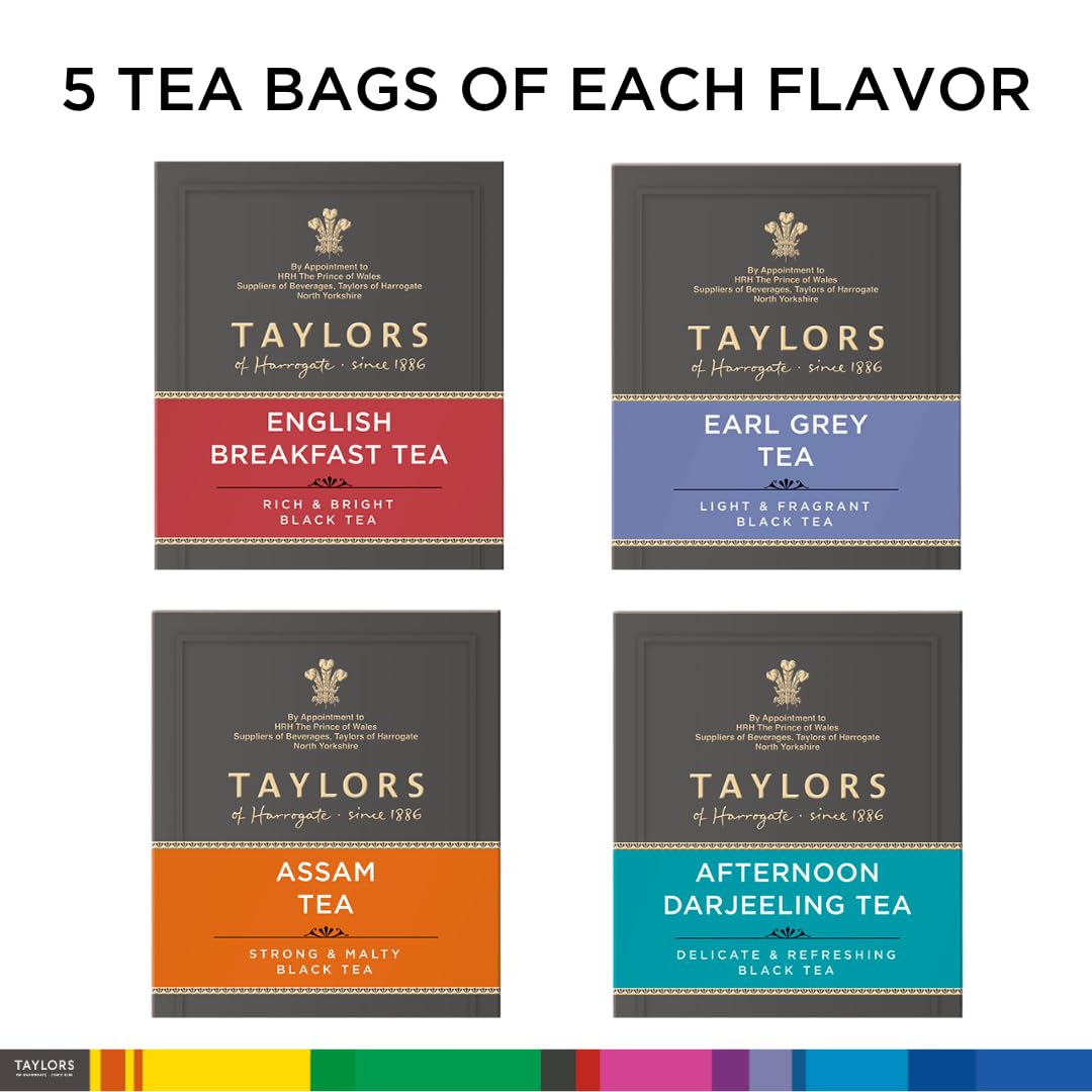 Taylors of Harrogate Assorted Specialty Black Teas Sampler, Variety Gift Box, Individually Wrapped Bags, 20 Count (Pack of 1), English Breakfast, Earl