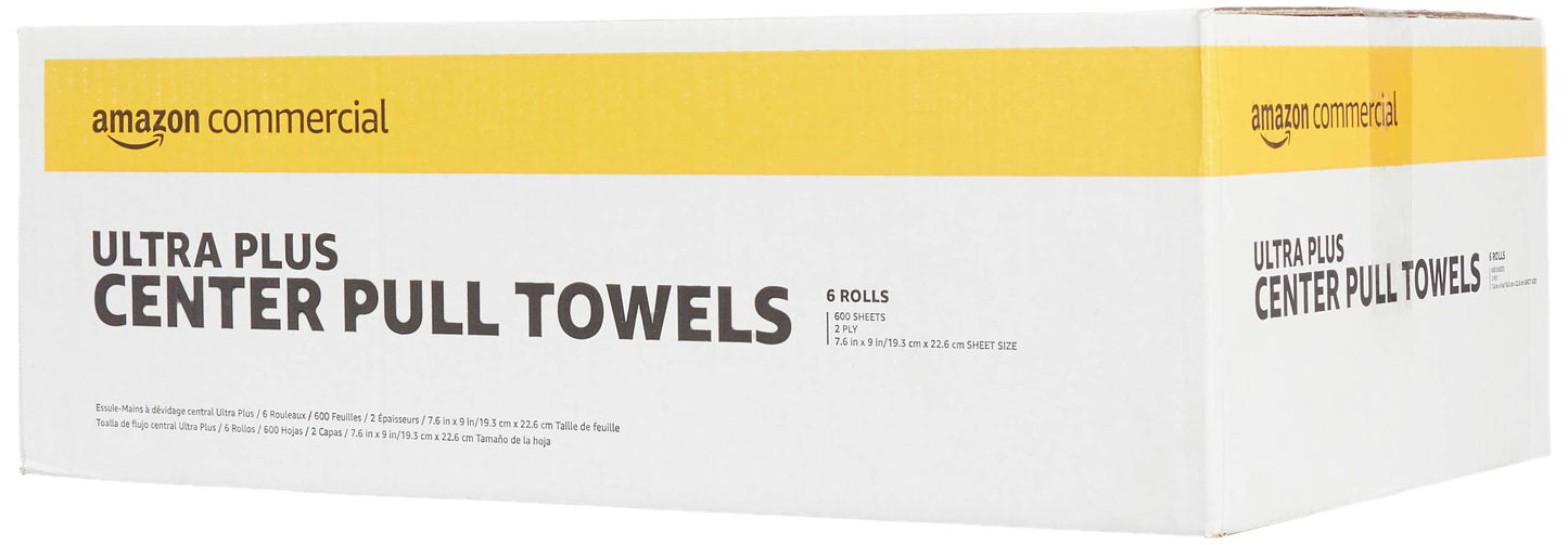 AmazonCommercial 2-Ply Soft, Absorbent Centerpull Paper Towels Compatible with Universal Dispensers, FSC Certified, 7.6 x 9 in, 6 Rolls, 600 Towels