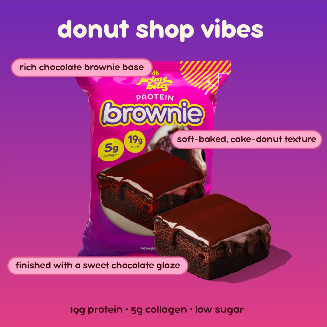 Prime Bites High Protein Brownie (12 Per Box, Chocolate Glazed Donut) - 19g of Protein, 5g of Collagen, Gluten Free, Low Sugar Treat, Delicious