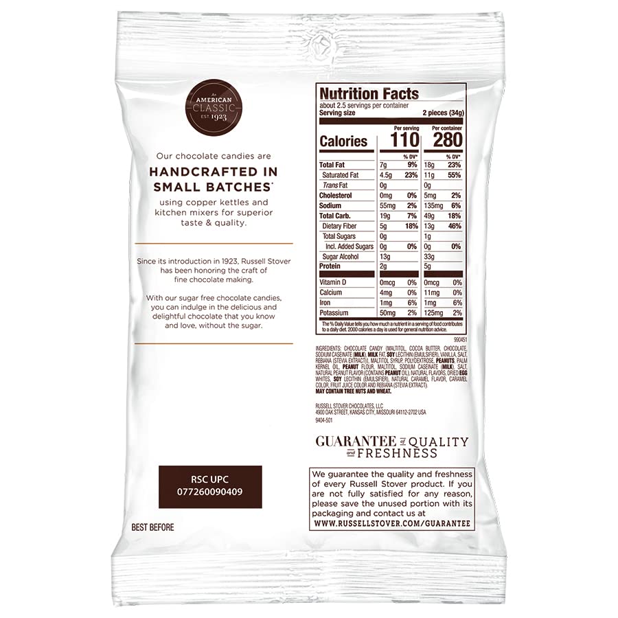 Russell Stover, Peanuts Caramel & Nougat Chocolate Candy Sugar Free, 3 Ounce