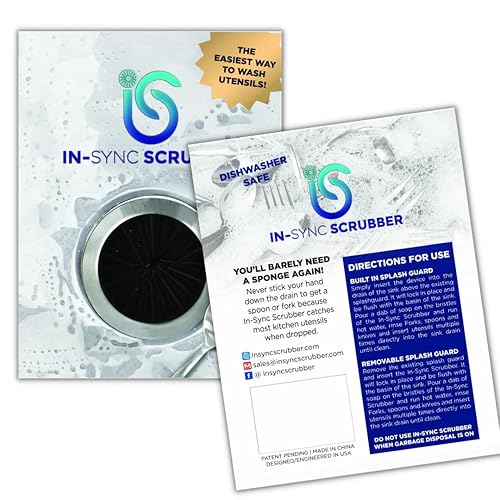 In-Sync Scrubber Kitchen Sink Utensil Cleaner, Dishwasher Safe Accessory with Built in Splash Guard, Easy to Install