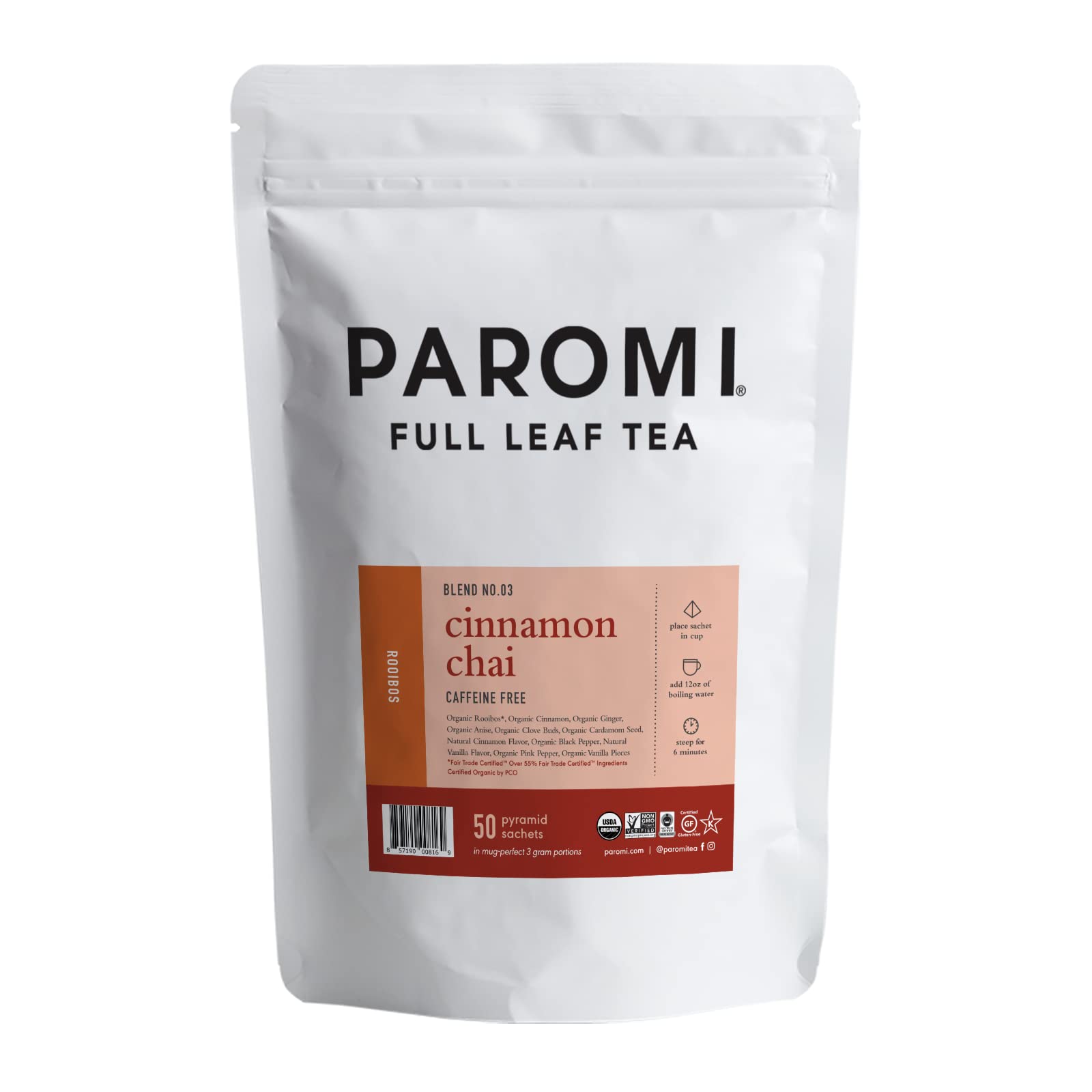 Paromi Cinnamon Chai Rooibos, Resealable Pouch, 50 Count