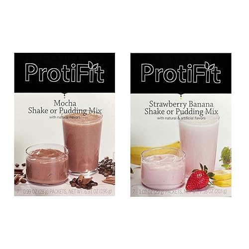 PROTIFIT - High Protein Mocha & Strawberry Banana Pudding & Shake Mix 2 Pack, 15g Protein, Low Calorie, Low Fat, Low Carb, Aspartame Free, Idea