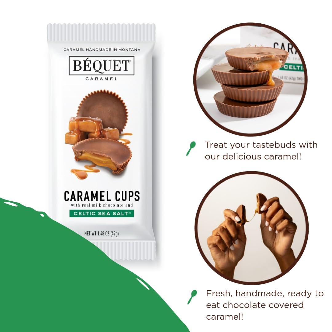 Béquet Milk Chocolate Sea Salt Caramel Cups - Soft, Individually Wrapped Chocolate-Covered Caramels, Gluten?Free & Gourmet - 12-Pack (2 cups each)