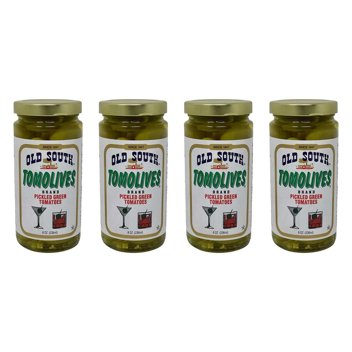 Old South Tomolives Pickled Green Tomatoes 8oz (4 Pack) Bundled with Complimentary 4-count Coasters | Ultimate Martini Garnish | Great Cocktail Snack