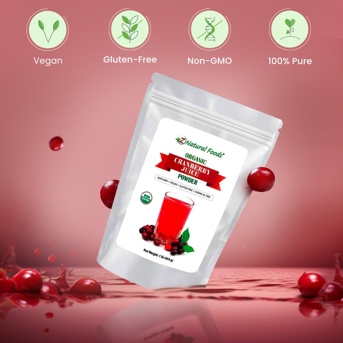 Z Natural Foods Organic Cranberry Juice Powder, Nutrient-Packed Superfood Powder, Perfect for Smoothies, Tea, Juice, Cooking, and Baking, Vegan