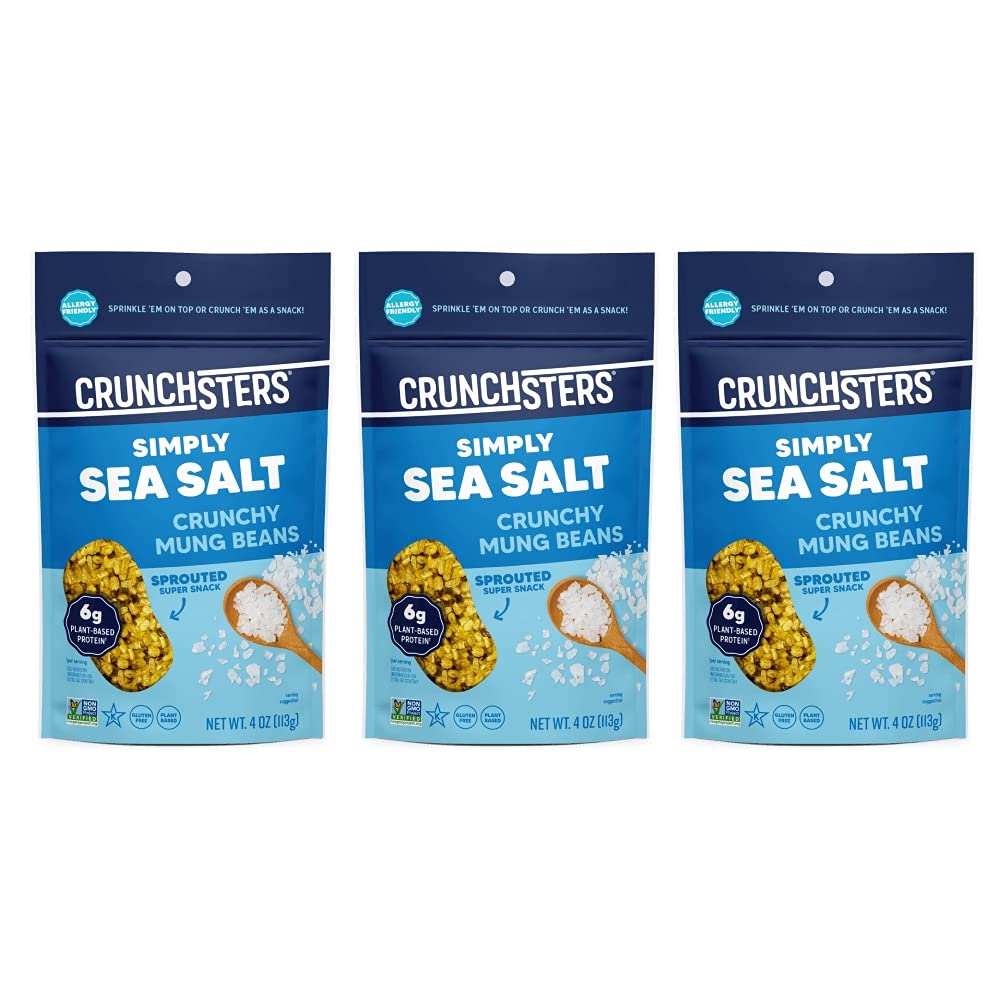 Crunchsters Sprouted Mung Beans, Plant-Based Protein Super-Snack and Salad Topper, Gluten-Free, Nut-Free, Vegan, 6g Protein/Serving, 4oz. Bags, Sea